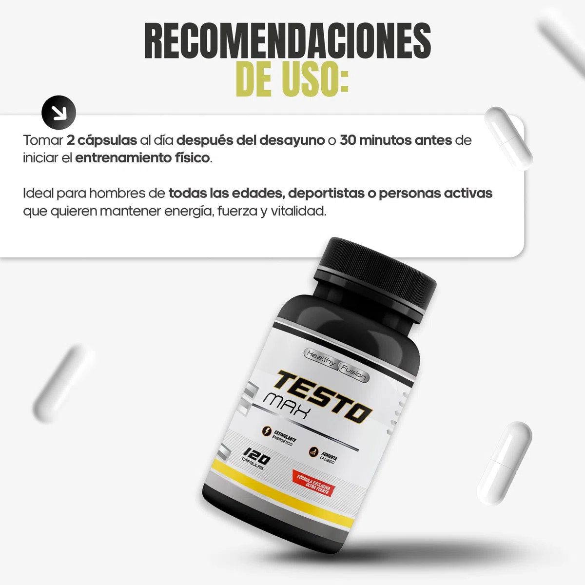 Testosterona hombre | Energía, Fuerza, Musculación y Vigor | Maca Andina, Ginseng, Tribulus y Taurina | Estimulante Energético | Mejora el rendimiento deportivo y muscular | Vigorizante | 120 cápsulas