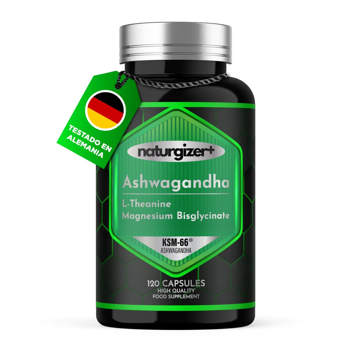 Ashwagandha KSM-66 con L-Teanina y Magnesio Bisglicinato | Fórmula Complex 3 en 1 para tu rutina de bienestar | Alta Pureza | 120 Cápsulas Veganas | Naturgizer+