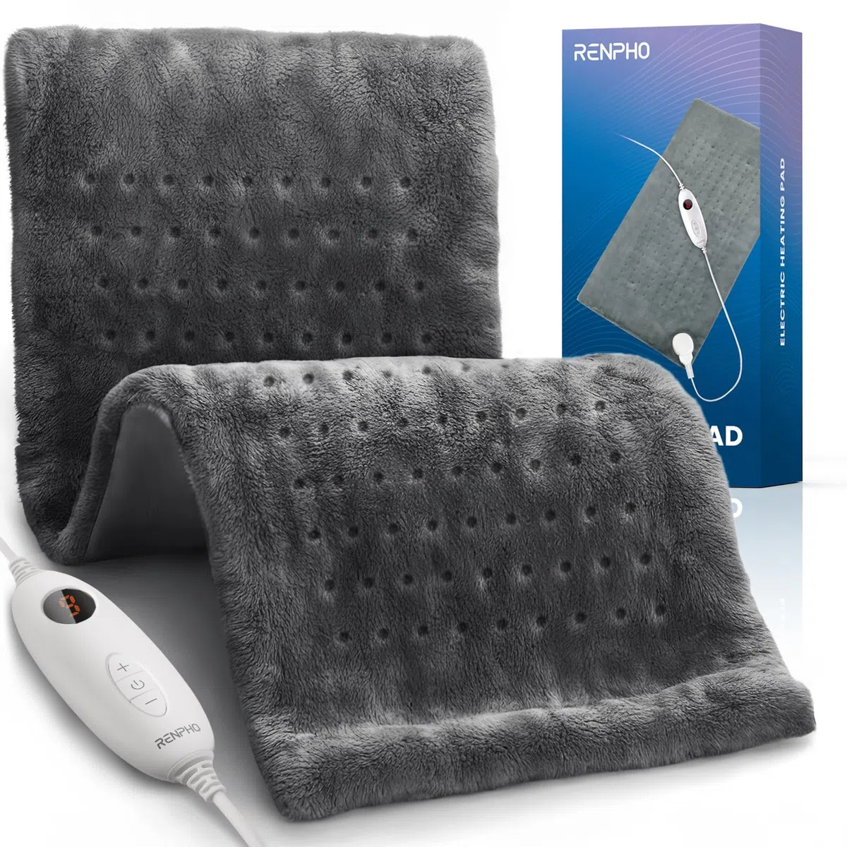RENPHO Almohadilla Térmica con Apagado Automático, 30 x 60 cm, 6 Niveles de Calor, Manta Eléctrica Para Espalda, Cuello y Hombros, Lavable a Máquina | Gris, Franela - Regalos Para Mujeres y Hombres