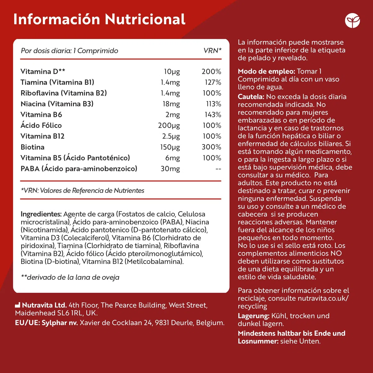 Nutravita Vitamina B Complejo con Vitamina D3 para Energía y Enfoque 365 Vegetariano Tabletas
