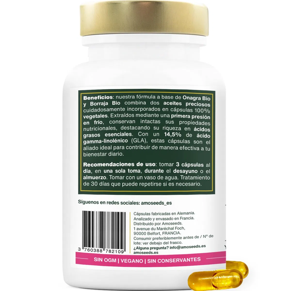 Aceite de Onagra y Borraja BIO | Primera presión en frío | 14,5% de ácido gamma-linolénico | 90 cápsulas vegetales, veganas | Primera Superior