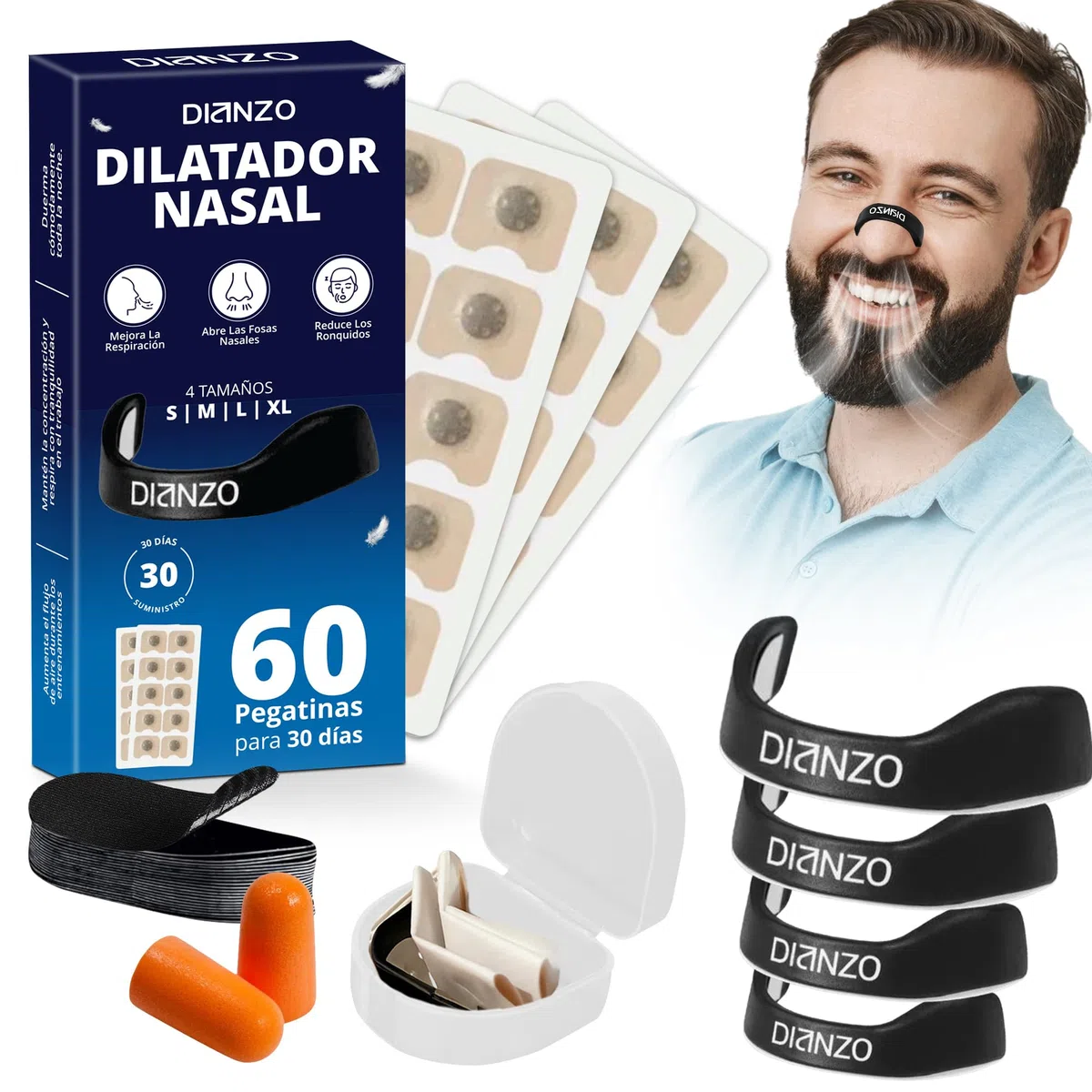 Tiras Nasales Magnéticas - Antironquidos para dormir y deportivas + Tiras Bucales + 60 parches para (30 días) + Estuche + Tapones + Guía de Uso - Dilatador Nasal Máxima Adhesión