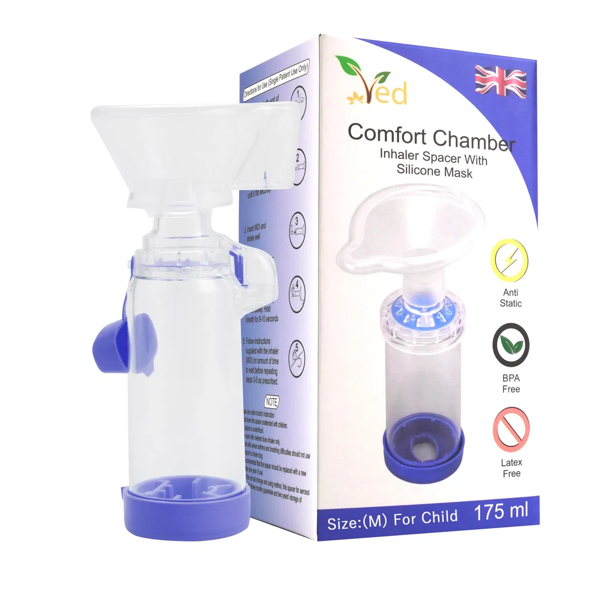 Dispositivo espaciador antiestático Inhaler Spacer, cámara de inhalador, uso con inhalador de dosis medida, sin BPA ni látex para niños. (Azul)