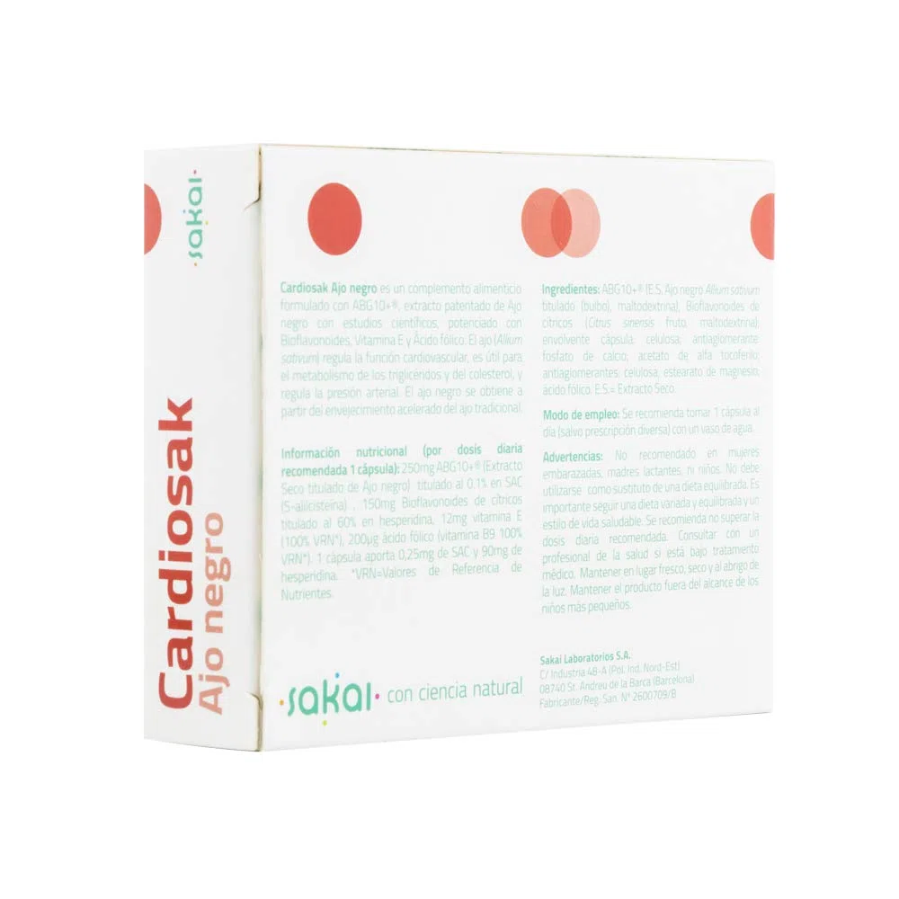 Sakai Cardiosak Ajo Negro | ABG10+ con Bioflavonoides, Vitamina E y Ácido Fólico | Apoyo Cardiovascular, Colesterol y Triglicéridos | Sin Olor ni Sabor