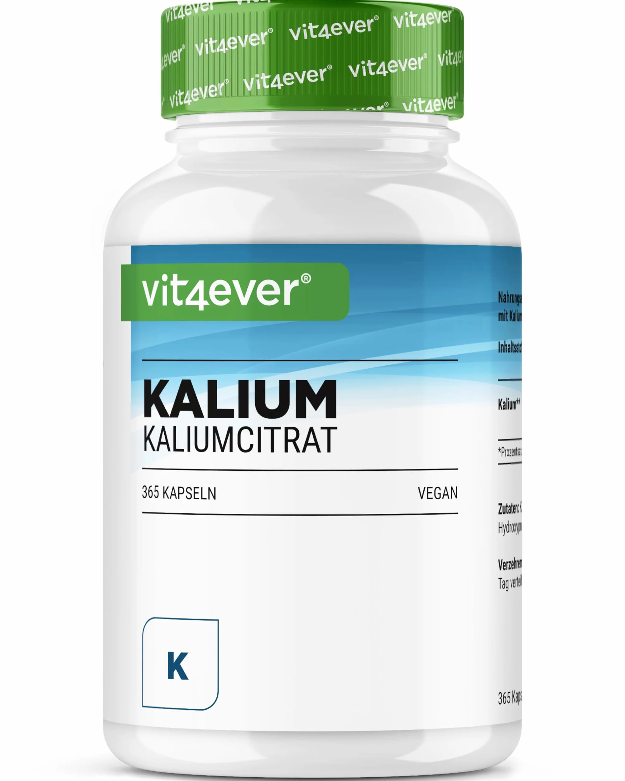 vit4ever Potasio - 365 Cápsulas con 800 mg de Potasio elemental (de Citrato de Potasio) por Dosis diaria - Alta Dosificación - Vegano