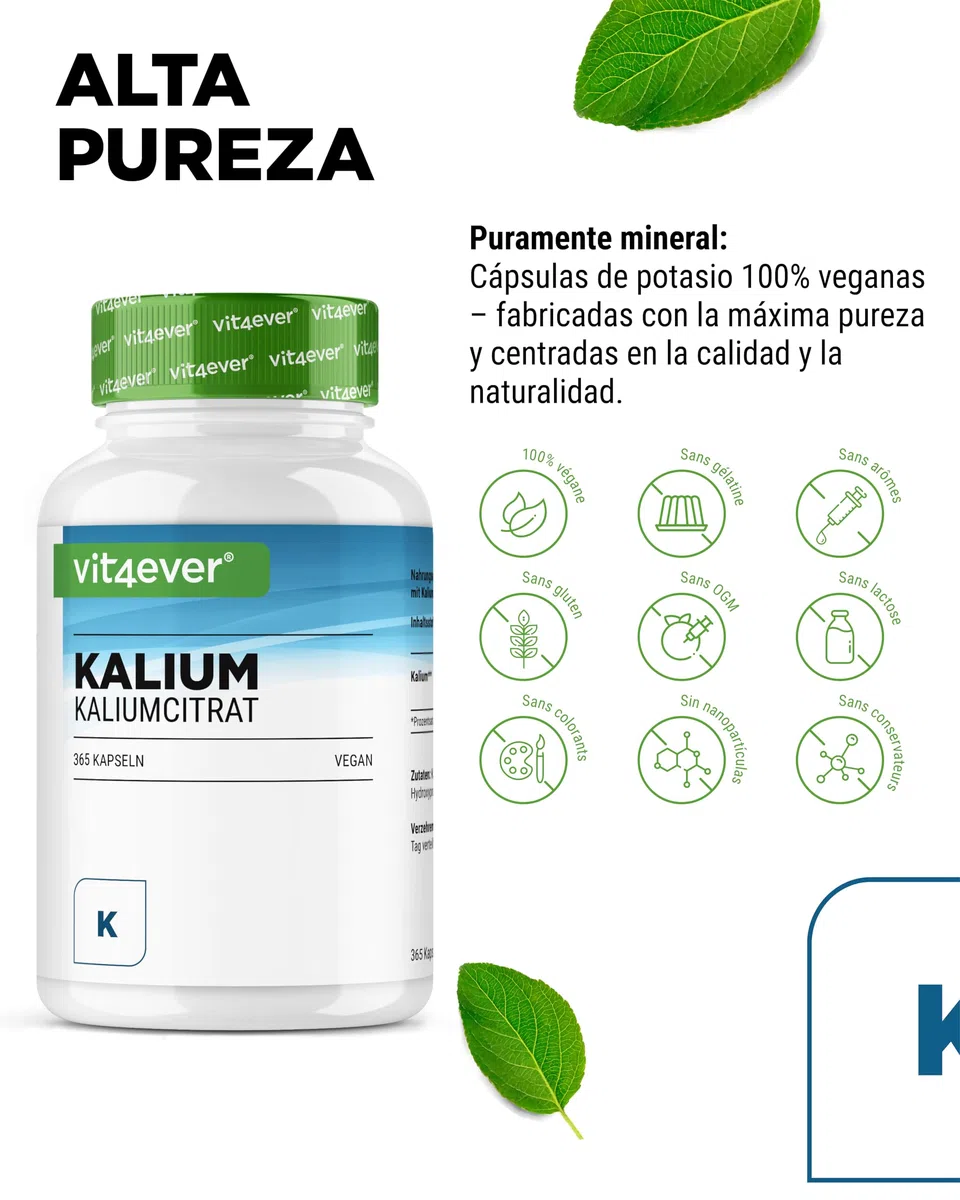 vit4ever Potasio - 365 Cápsulas con 800 mg de Potasio elemental (de Citrato de Potasio) por Dosis diaria - Alta Dosificación - Vegano
