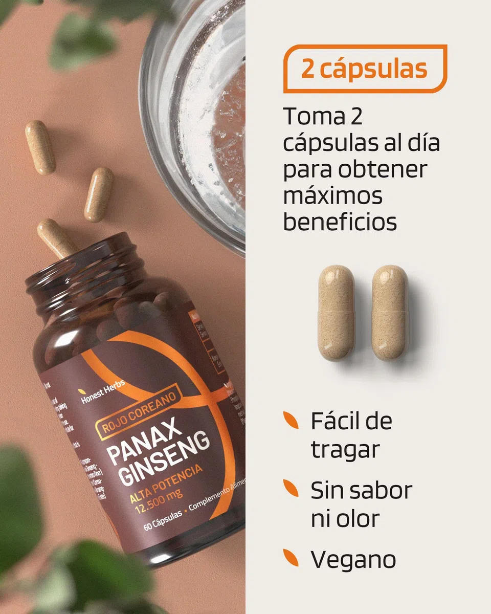 Ginseng Rojo Coreano 12,500 mg - Panax Ginseng con 20% de Ginsenósidos - Alta Concentración - 60 Cápsulas - Vegano
