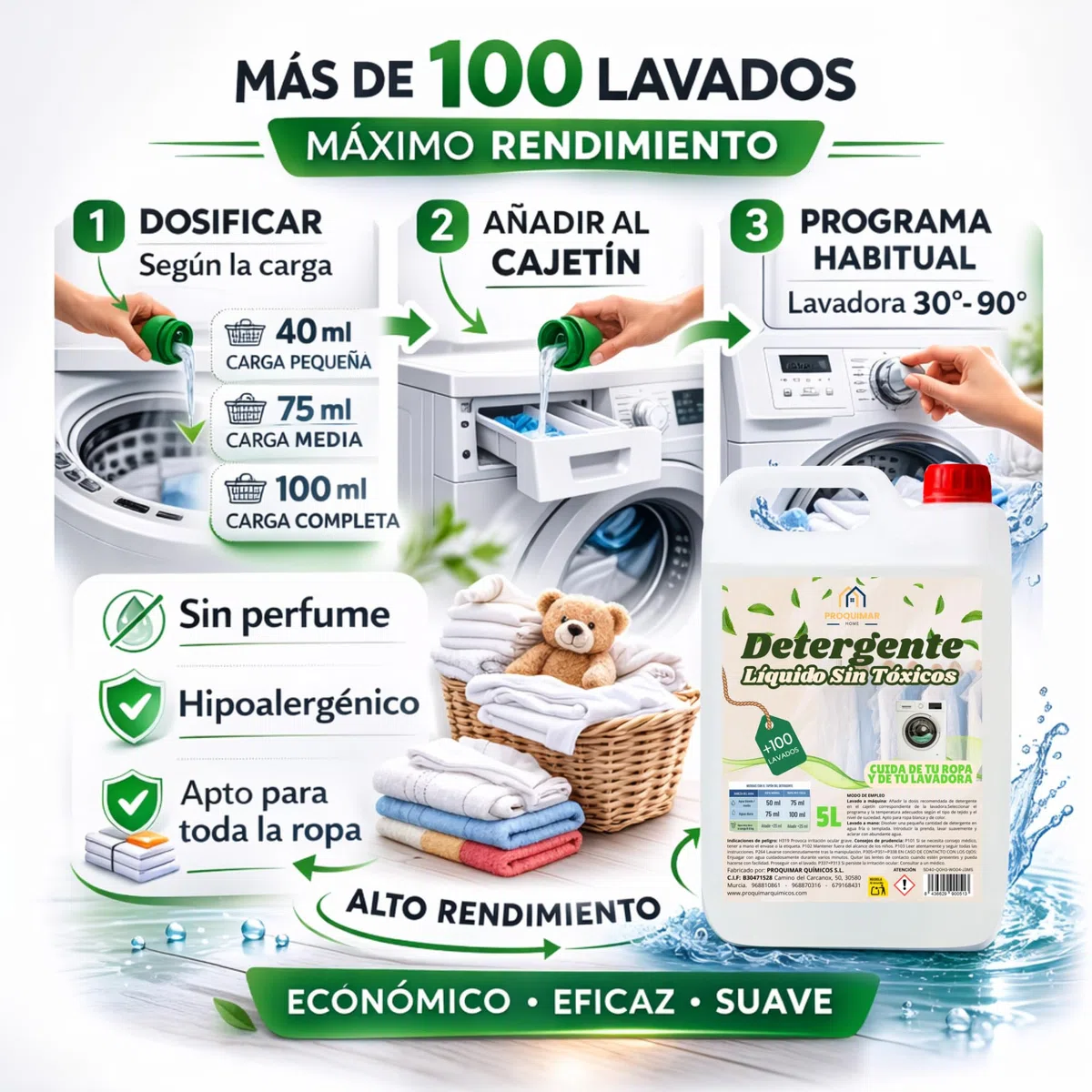 Detergente Líquido Hipoalergénico 5 Litros Sin Perfume – Más de 100 Lavados – Fórmula Suave para Piel Sensible y Bebé – Apto para Ropa Blanca y Color