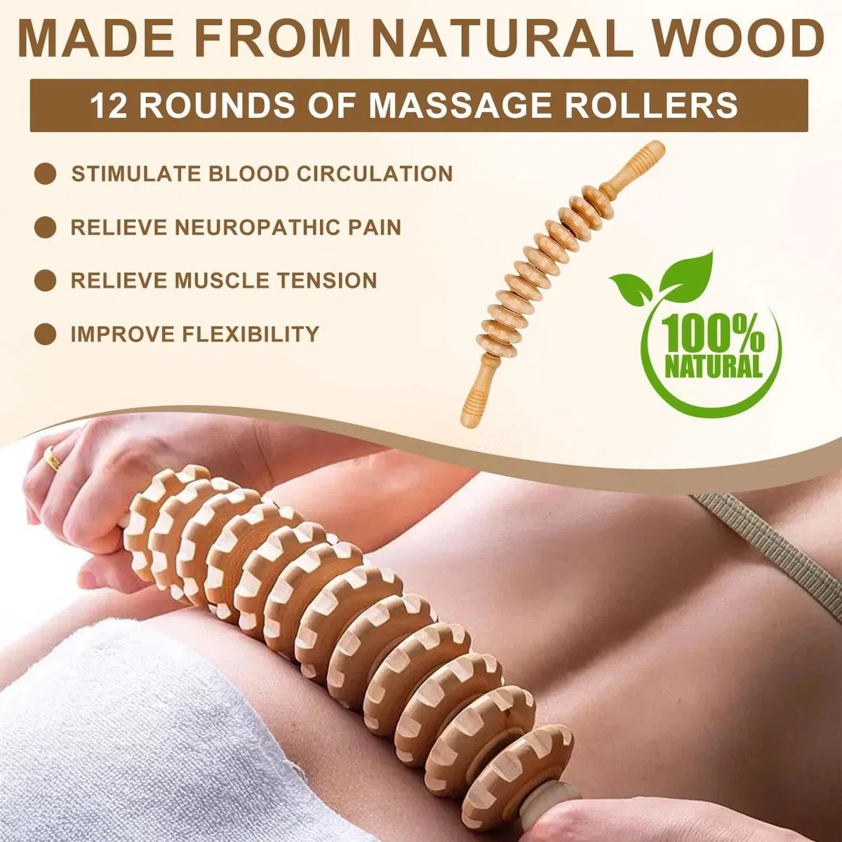 3 Piezas Rodillo Masajeador de Madera con Asa para Espalda Cuello Piernas Relajacion Muscular Alivio Fatiga Uso Domestico Viajes Oficina