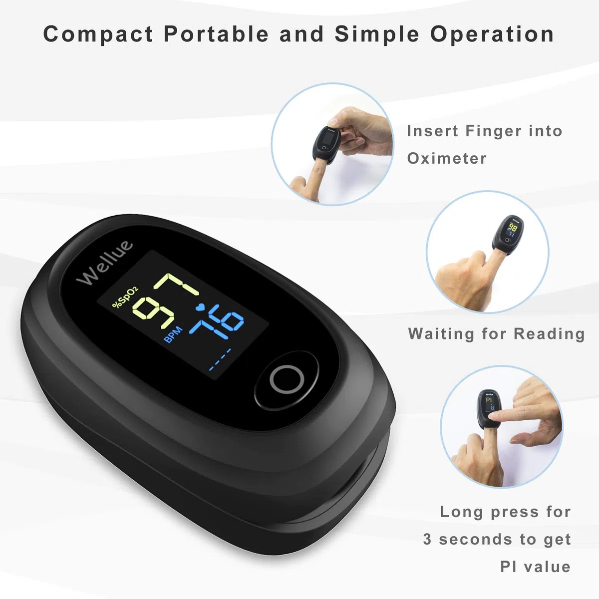 Wellue Oxímetro de Pulso, Pulsioxímetro de Dedo Oxímetro, Nivel de Oxígeno Portátil SpO2 PR Monitor de Ritmo Cardíaco, Pulsómetro Digital con Pantalla LED, Pilas Incluidas, Para Adultos Niños, Negro