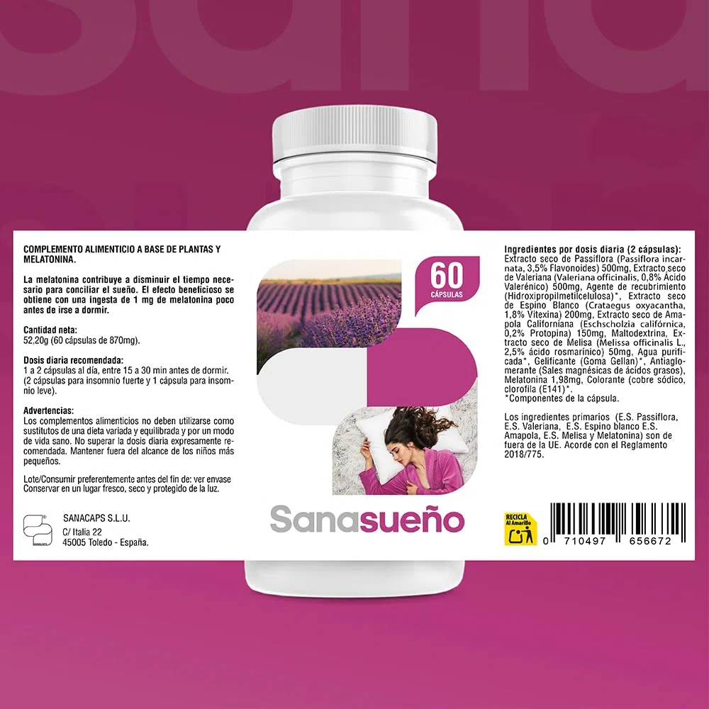 Melatonina 1,9 mg con Valeriana,Pasiflora,Espino Blanco,Melisa y Amapola de California|Suplemento para Dormir-Favorece el Descanso -Acción Rápida| 60 Cápsulas Veganas | Sin Gluten ni Lactosa-SANACAPS