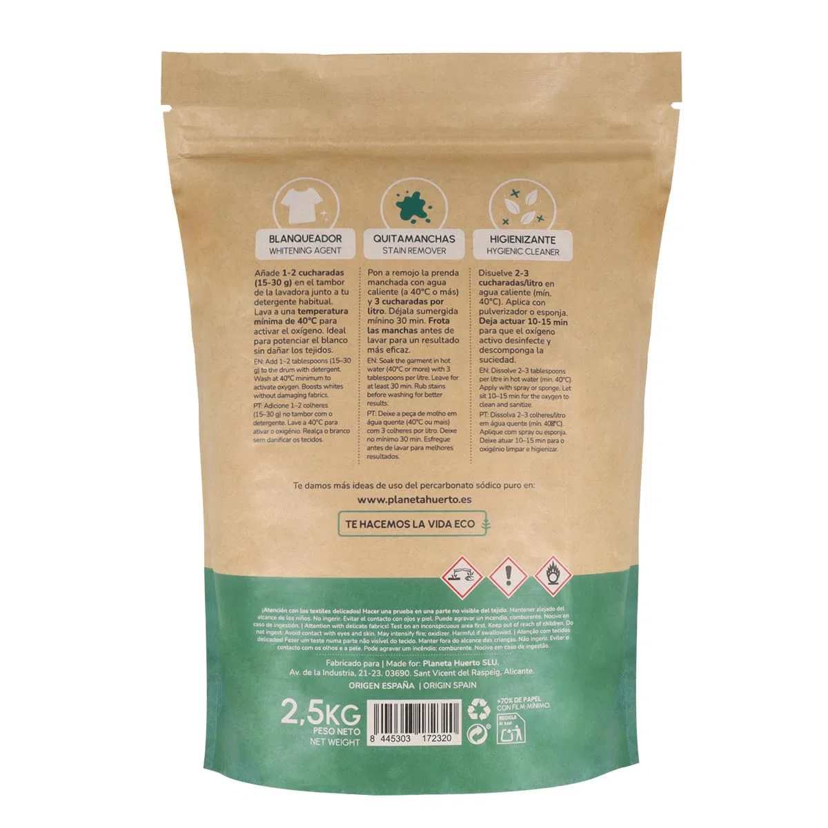 PLANETA HUERTO | Percarbonato Sódico Ecológico 2,5 kg – Percarbonato Blanqueador, quitamanchas e higienizante natural, limpieza sostenible para ropa blanca, superficies y hogar sin tóxicos