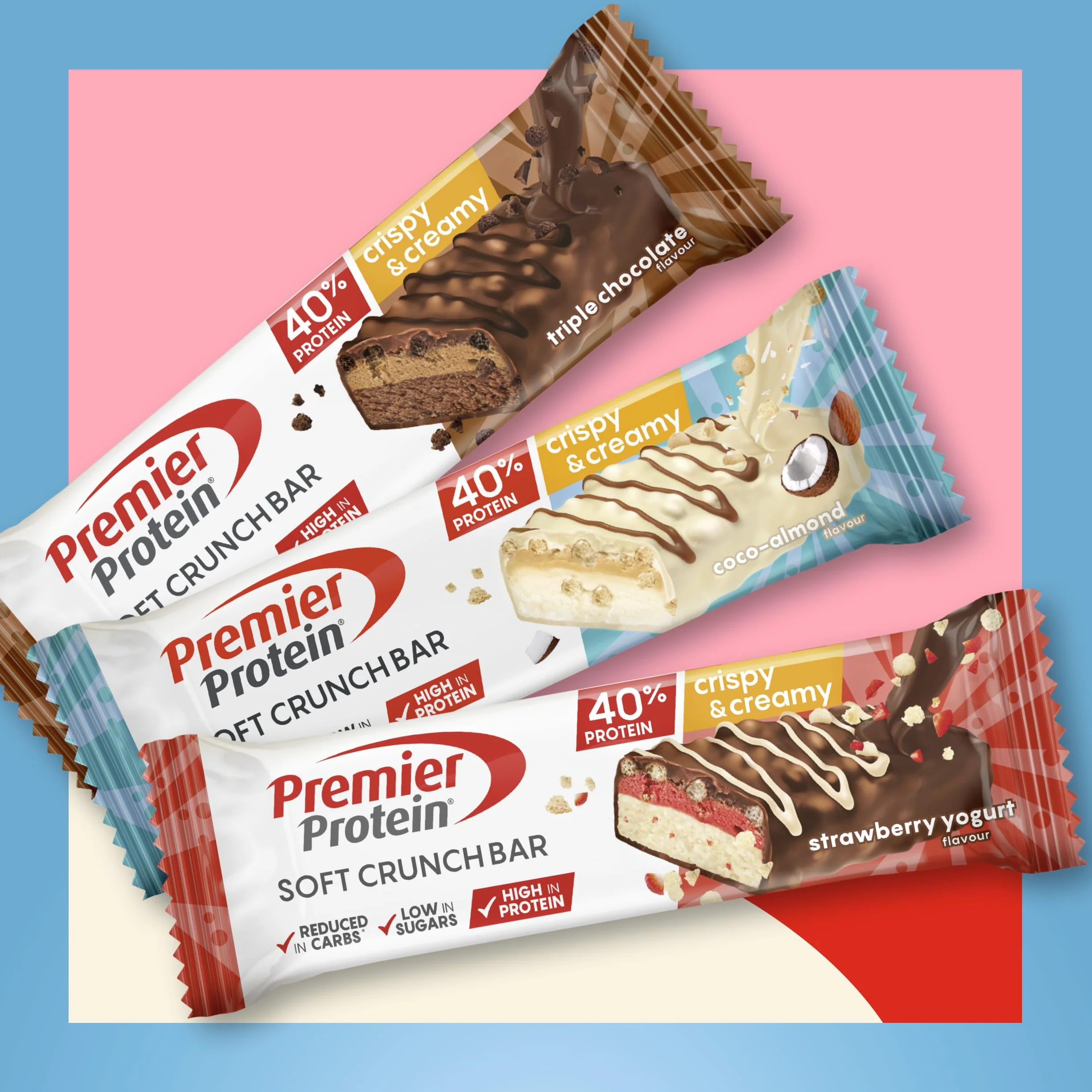 Premier Protein Soft Crunch Bar 40% Protein Strawberry Yogurt 12x40g - Hoher Proteingehalt + Low Sugar + Palmölfrei