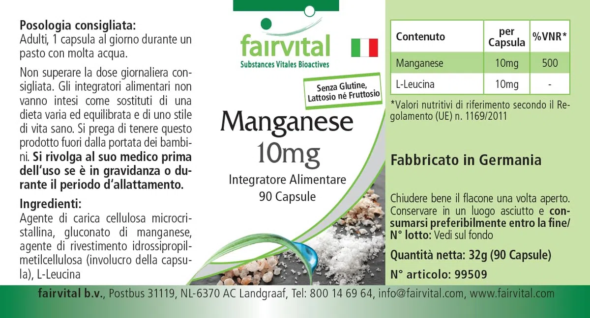 Fairvital | Manganeso 10mg - Dosis elevada - VEGANO - Oligoelemento esencial - 90 Cápsulas - Calidad Alemana