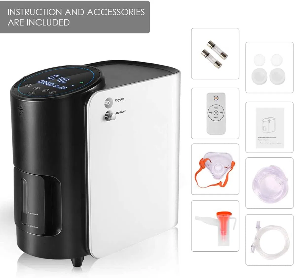 Generador concentrador de oxígeno y purificador de aire (1–7 L/min).