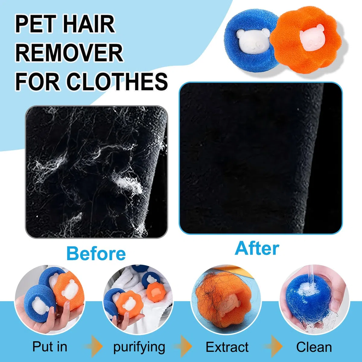 Quitapelos Para Lavadora, Atrapapelos Para Lavadora, Reutilizables, Eliminan Eficazmente el Pelo de Gato, Perro y Otros Animales de la Ropa de Cama y la Ropa. (Azul)