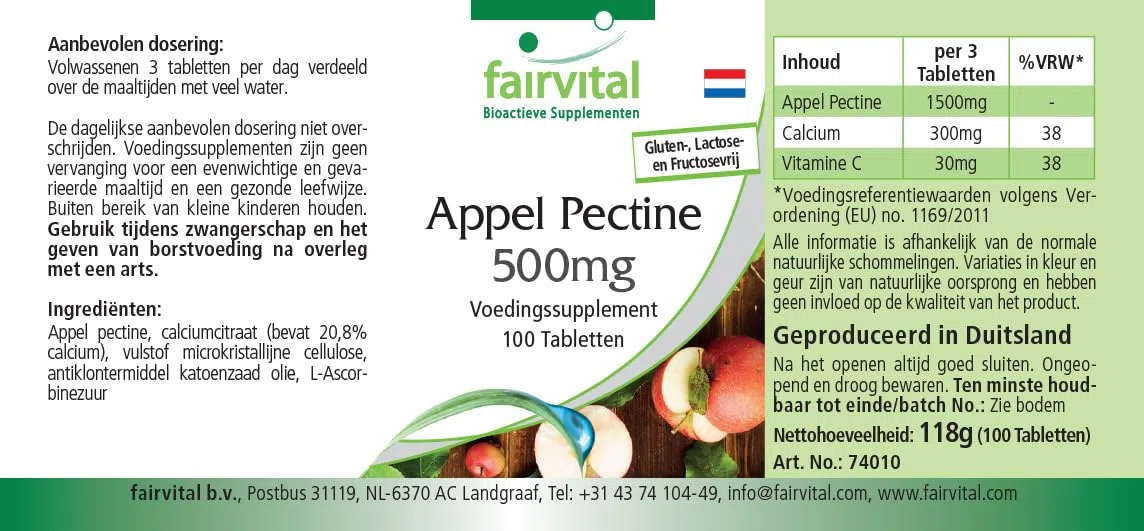 fairvital Pectina de manzana 500mg comprimidos, 100 comprimidos, con fibra soluble, calcio y vitamina C, VEGANO
