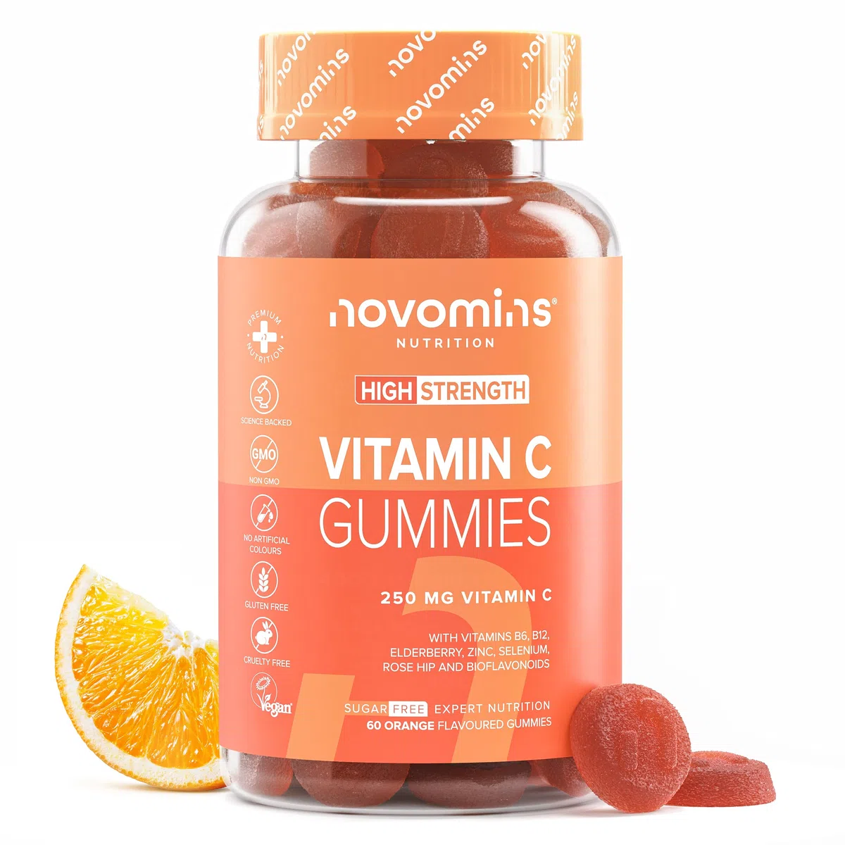 Gominolas de Vitamina C - Sin Azúcar - 250 mg de Vitamina C con Zinc, Vitaminas B6 y B12, Extracto de Naranja Amarga y Bioflavonoides - Vitaminas para el Cansancio - Vegano y Sin Gluten - Novomins