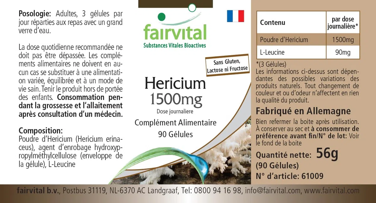 fairvital Hericium 1500mg, 90 cápsulas, fáciles de tragar, 1500mg de Hericium al día, ALTA DOSIS, Hericium erinaceus, VEGANO