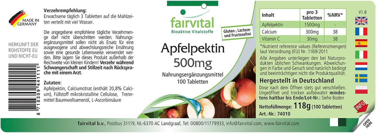 fairvital Pectina de manzana 500mg comprimidos, 100 comprimidos, con fibra soluble, calcio y vitamina C, VEGANO