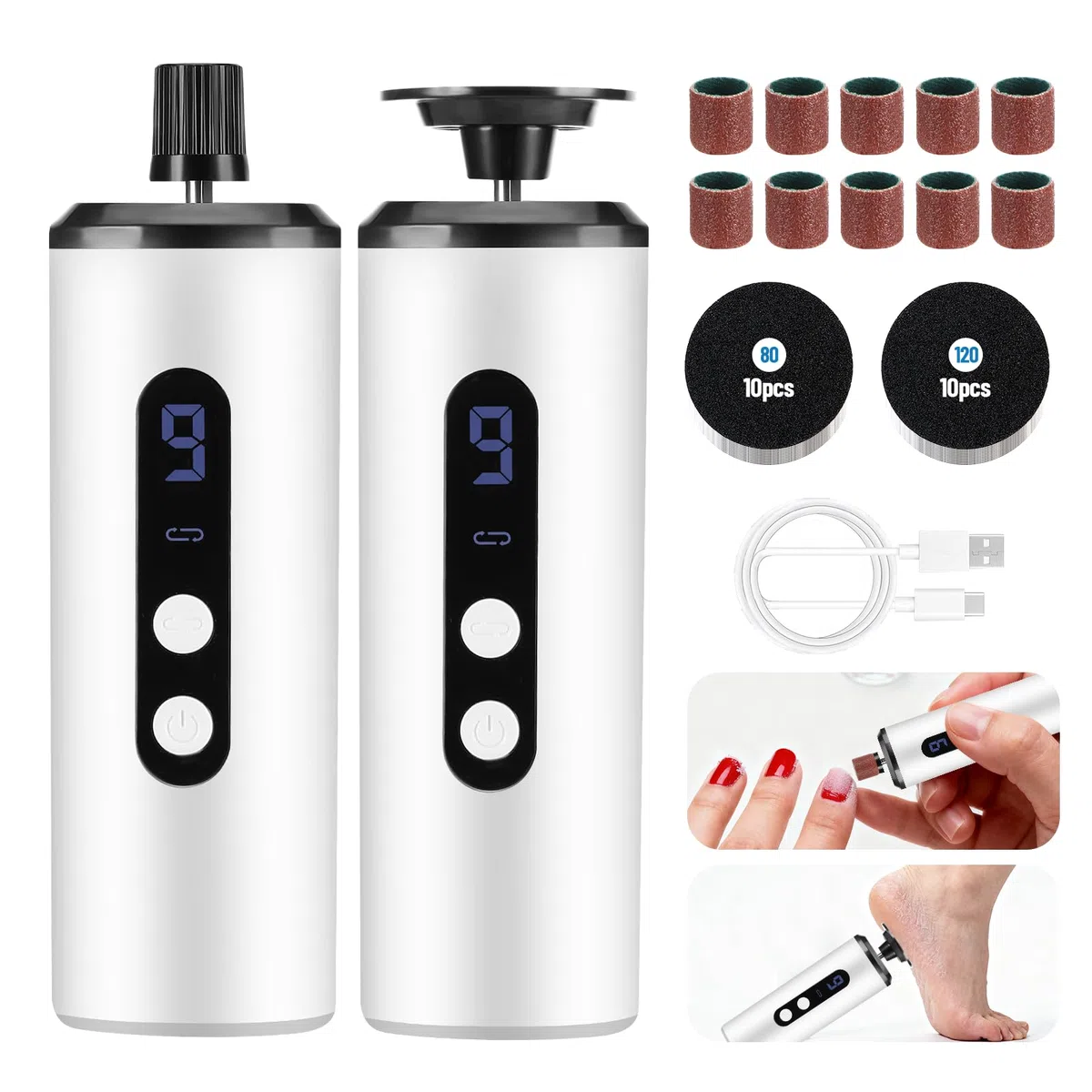 Mkitnvy Lima Electrica Pies Durezas, Pedicura Profesional Para Pies, 2 En 1 Cuidado De Pies y Uñas, Con Pantalla Led y 9 Velocidades Para Talones Agrietados, Callosidades, Piel Muerta (Blanco)