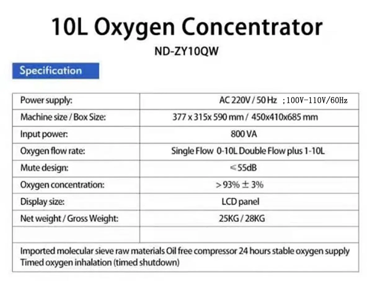 Concentrador generador de oxígeno, oxígeno ajustable del 95% al 96%.