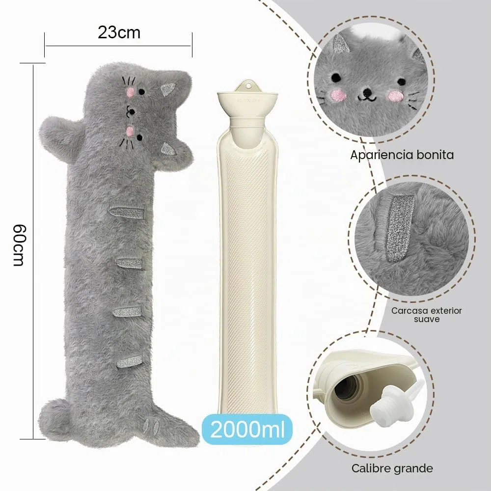 Bolsa Agua Caliente Peluche, 2L Bolsa De Agua Caliente Larga, Hot Water Bottle With Cover, Botella De Agua Caliente, Para Cuello Y Hombros, Espalda, Piernas Y Cintura Para Niños Adulto (Gato)