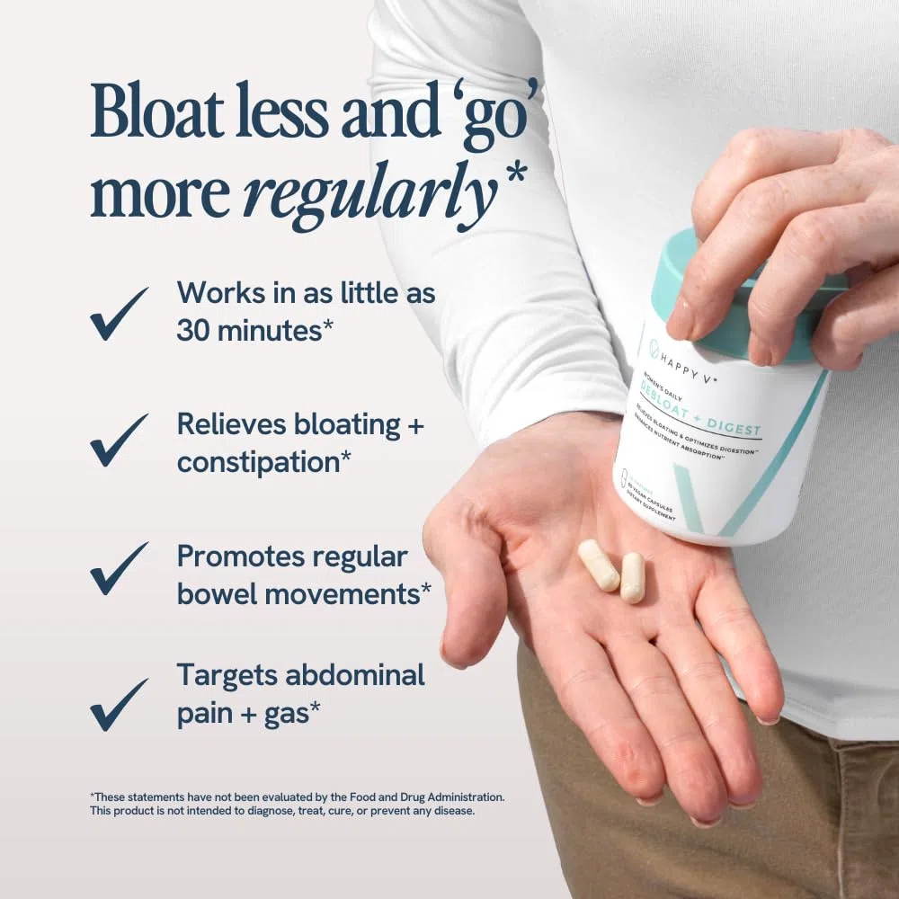 Happy V Debloat + Digest - Enzimas digestivas para mujeres que promueven la hinchazón, los gases, el estreñimiento, la salud intestinal y la absorción de nutrientes - Stomach Comfort & Digestos