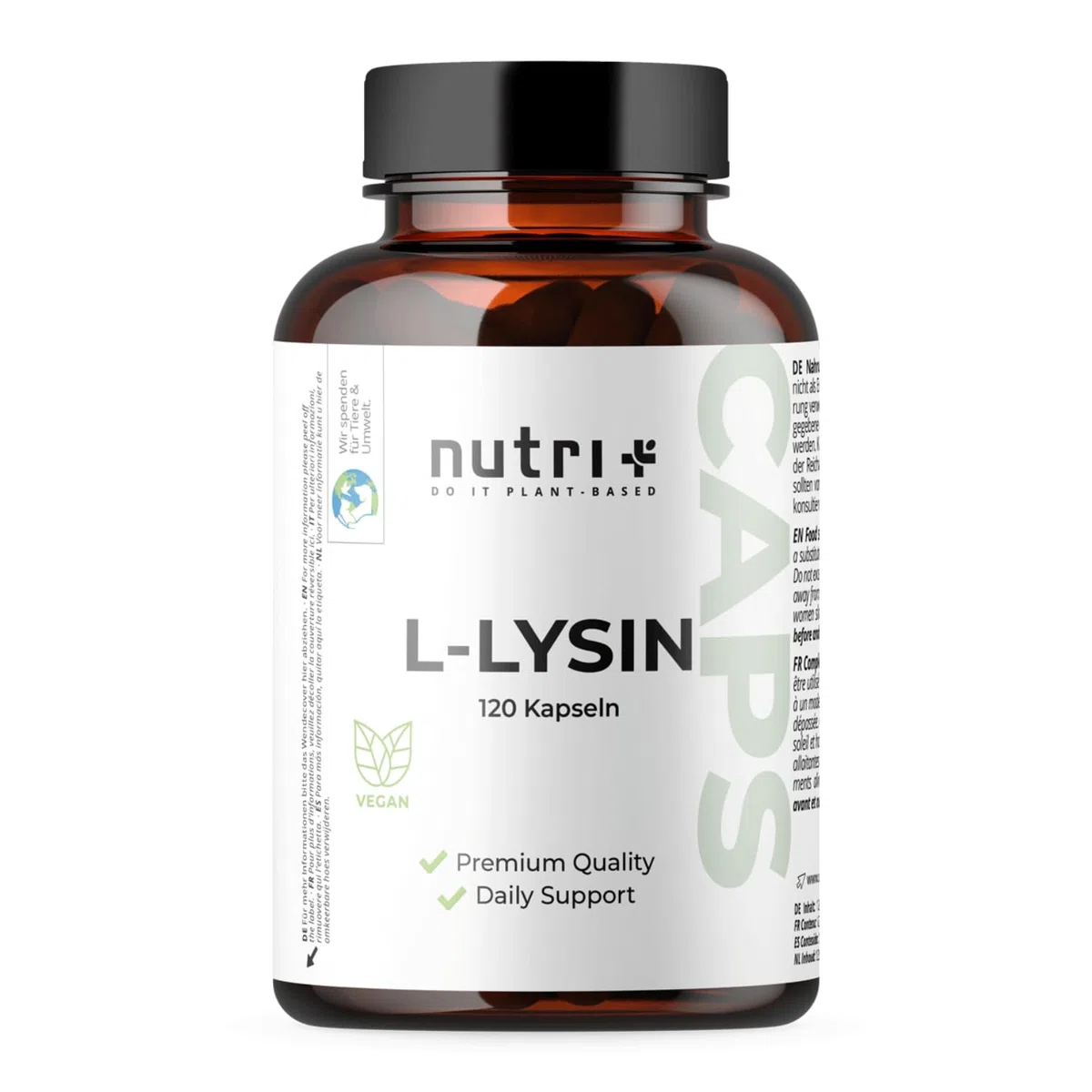 nutri + L-Lisina Cápsulas altas dosis + vegano - 2200mg por porción diaria - testado en laboratorio - 120 Caps 550mg cada una - bloque constructor de colágeno y tejido conectivo
