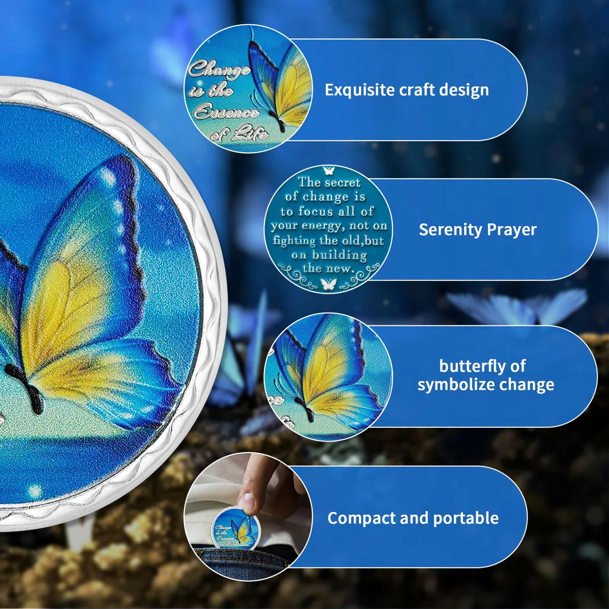 Moneda de sobriedad de mariposa azul, moneda de sobriedad del secreto del cambio, moneda de recuperación plateada con oración de serenidad, regalos de sobriedad de vida limpia para mujeres y hombres