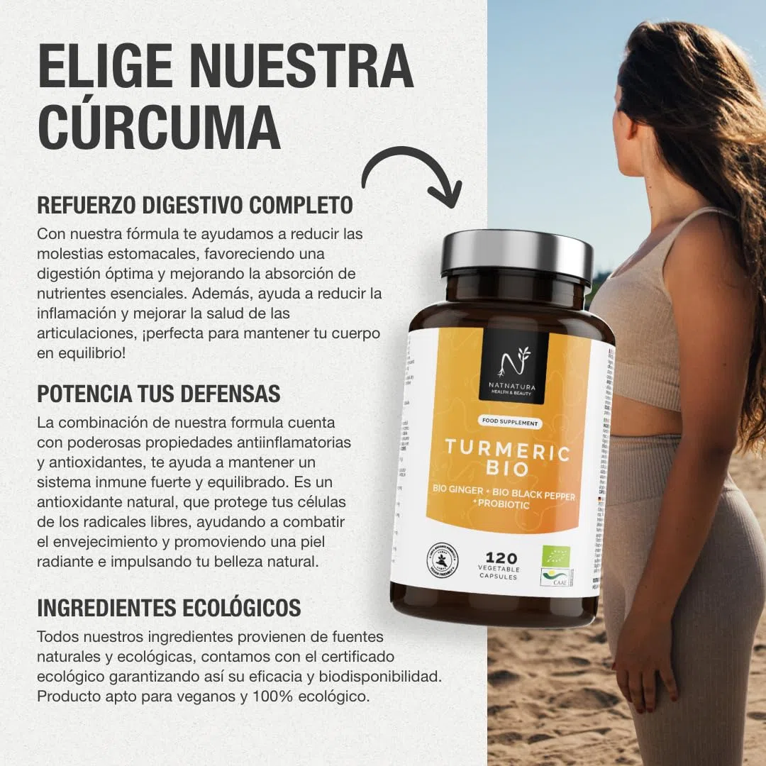 Cúrcuma con Jengibre y Pimienta Negra + Probióticos Eco. Cúrcuma Eco en cápsulas (2235 mg) con alta concentración de Curcumina. Potente Antiinflamatorio natural. Cúrcuma orgánica.120 cápsulas.