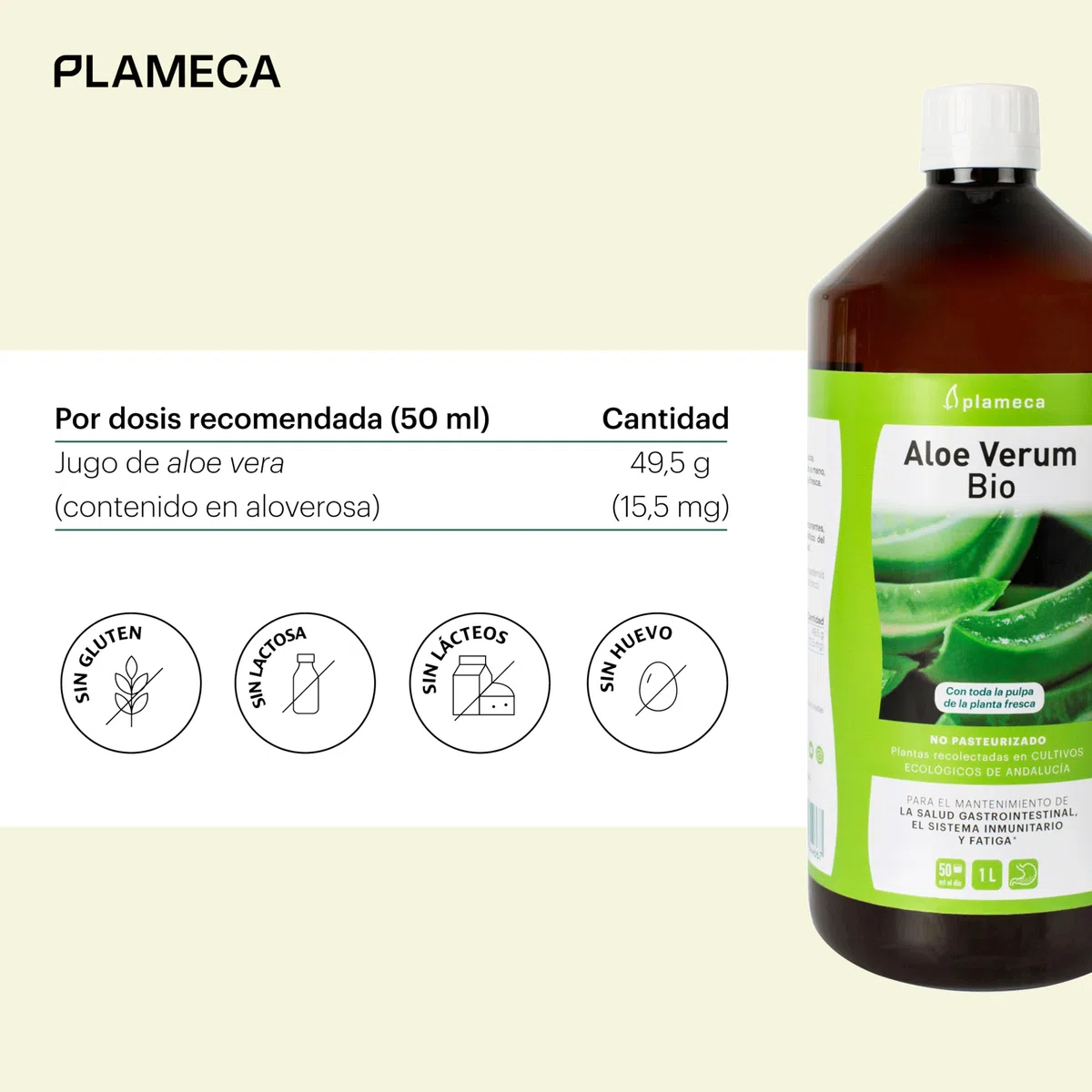 PLAMECA Aloe Verum Bio, Salud Gastrointestinal, Sistema Inmunitario y Situaciones de Fatiga, Jugo puro Aloe Vera con Pulpa y Sin Aloína 100% BIO, 1L