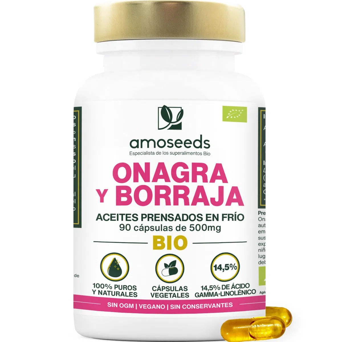 Aceite de Onagra y Borraja BIO | Primera presión en frío | 14,5% de ácido gamma-linolénico | 90 cápsulas vegetales, veganas | Primera Superior