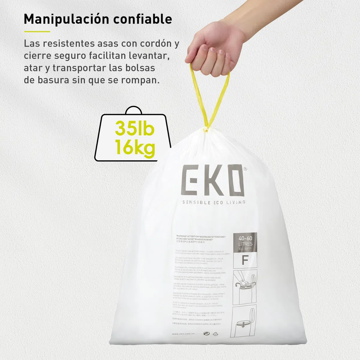 EKO - Bolsas de Basura - Código F - 60 Unidades - 40-60 L - Extrafuertes Antigoteo con Asas Autocierre - Blancas - para Cocina y Hog
