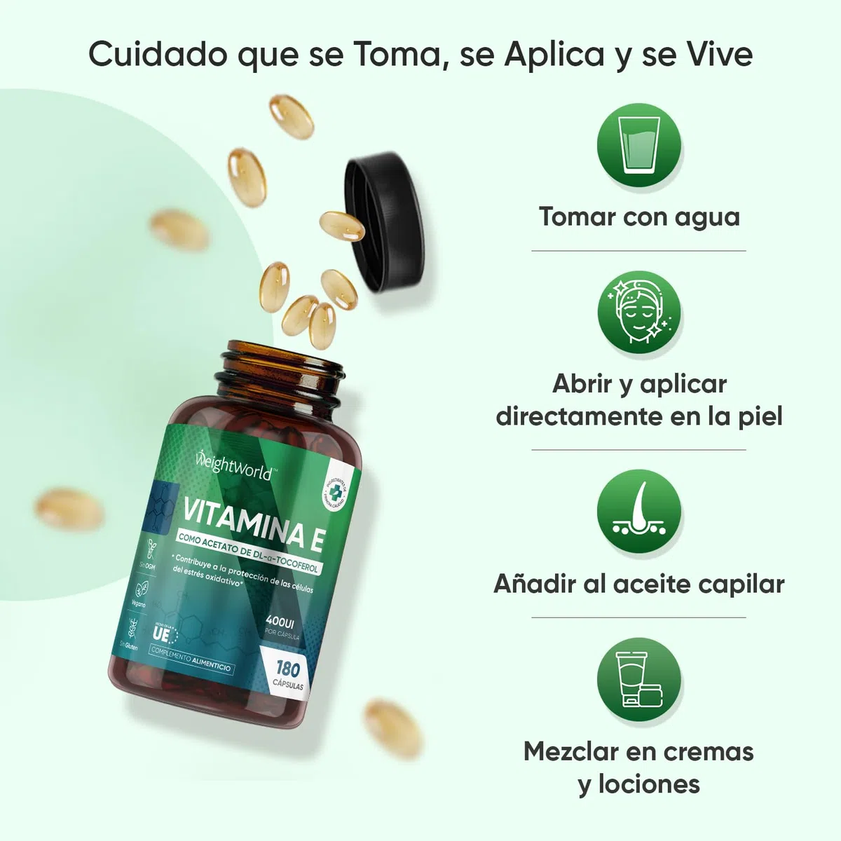 Vitamina E 400UI, 180 Cápsulas Veganas para 6 Meses - Acetato de DL-α-Tocoferol, La Vitamina E Contribuye a Proteger las Células del Estrés Oxidativo, Sin OGM