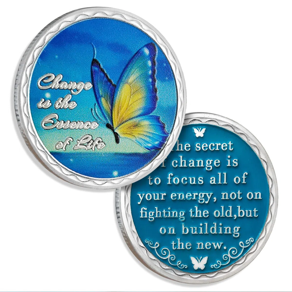 Moneda de sobriedad de mariposa azul, moneda de sobriedad del secreto del cambio, moneda de recuperación plateada con oración de serenidad, regalos de sobriedad de vida limpia para mujeres y hombres