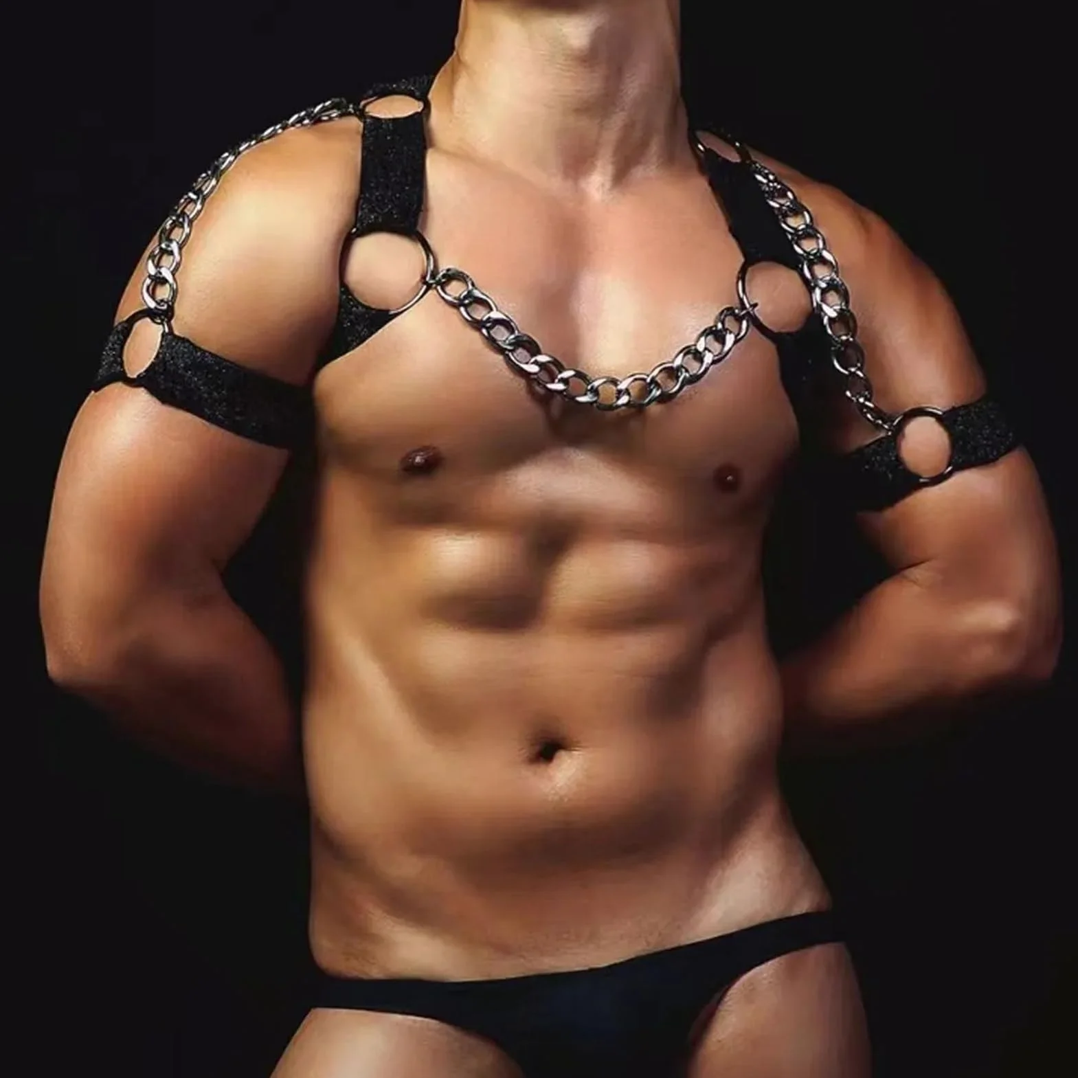 Yctze Hombres Chest Harn Tightn PU Metal Chain Top Chest Suspender para Jugar Fiesta Punk Body St F Body Harn Negro