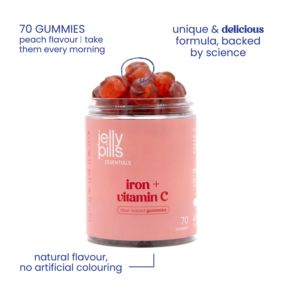 Jelly Pills Gominolas de Hierro 28 mg con Vitamina C 30 mg - alta dosis - 70 Gummies Veganas - Sin Azúcares Añadidos - Sabor Melocotón Natural - Energía y Glóbulos Rojos