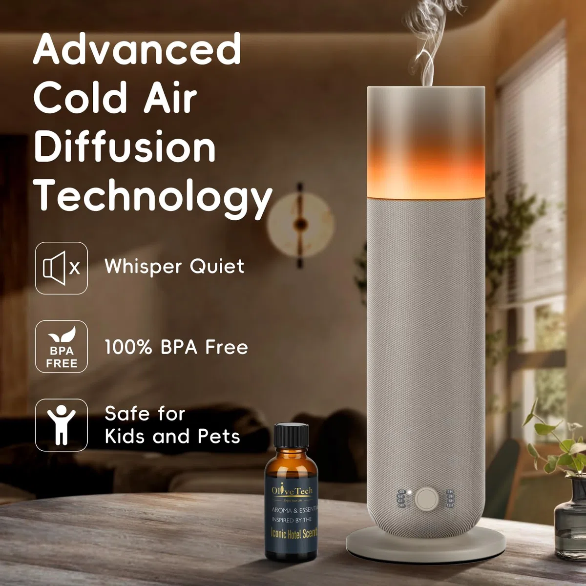 Difusor sin agua con diseño envuelto en tela, difusor de aroma de aire frío OliveTech para el hogar y la oficina, aromaterapia para habitaciones grandes, funcionamiento silencioso, intensidad