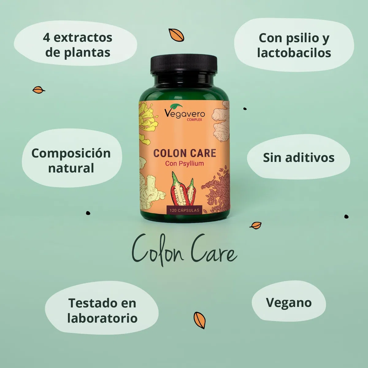 Vegavero Colon Irritable Complex | Psyllium Husk y Probioticos | Estreñimiento + Gases + Transito Intestinal | Flora & Cleanse | Vegan | 120 Cápsulas