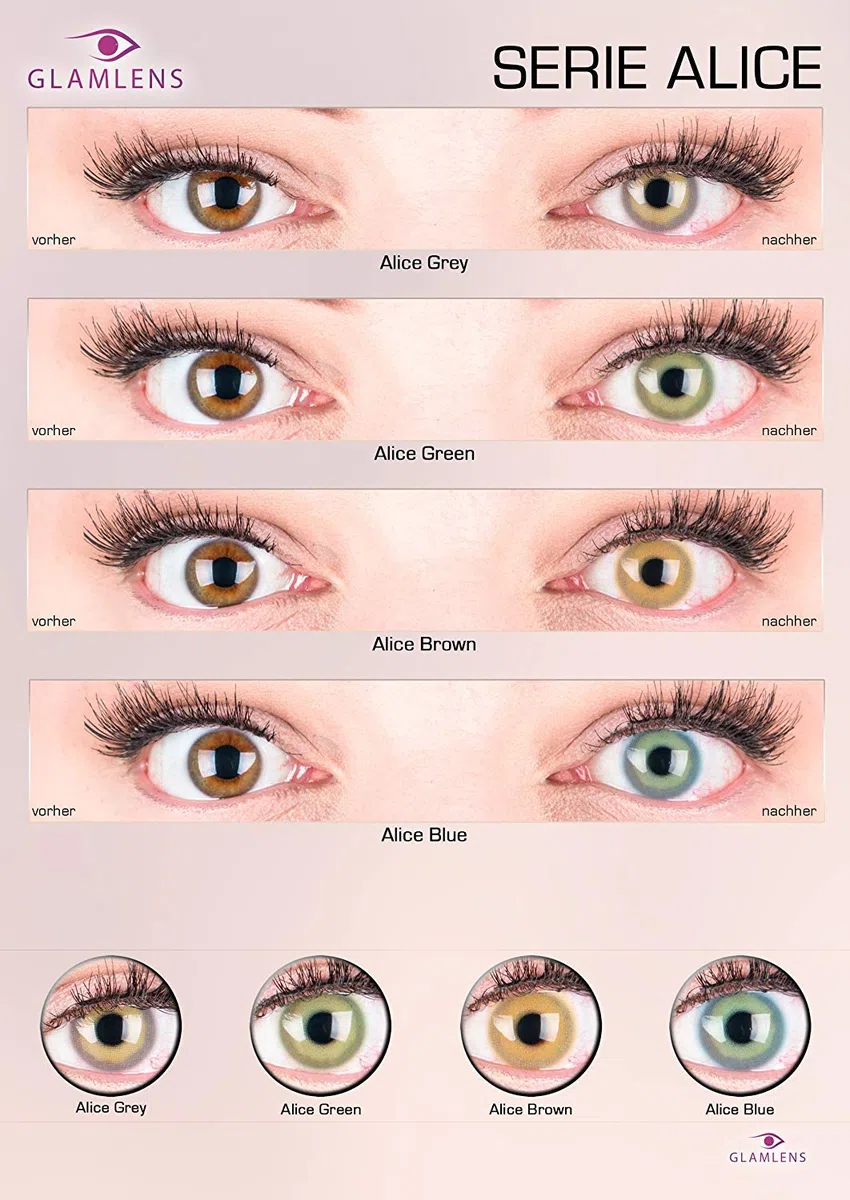 GLAMLENS lentillas de colores verdes Alice Green + contenedor. 1 par (2 piezas) - 90 Días - Sin Graduación - 0.00 dioptrías - blandos - Lentes de contacto verde de hidrogel de silicona