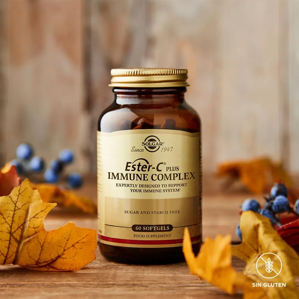Solgar Ester-C Plus Complejo Inmune, Vitamina C Patentada con Saúco, Equinácea y Astrágalo, Refuerzo Inmunitario Avanzado con Vitaminas A, B6, B12, D3 y Zinc, 60 Cápsulas Blandas