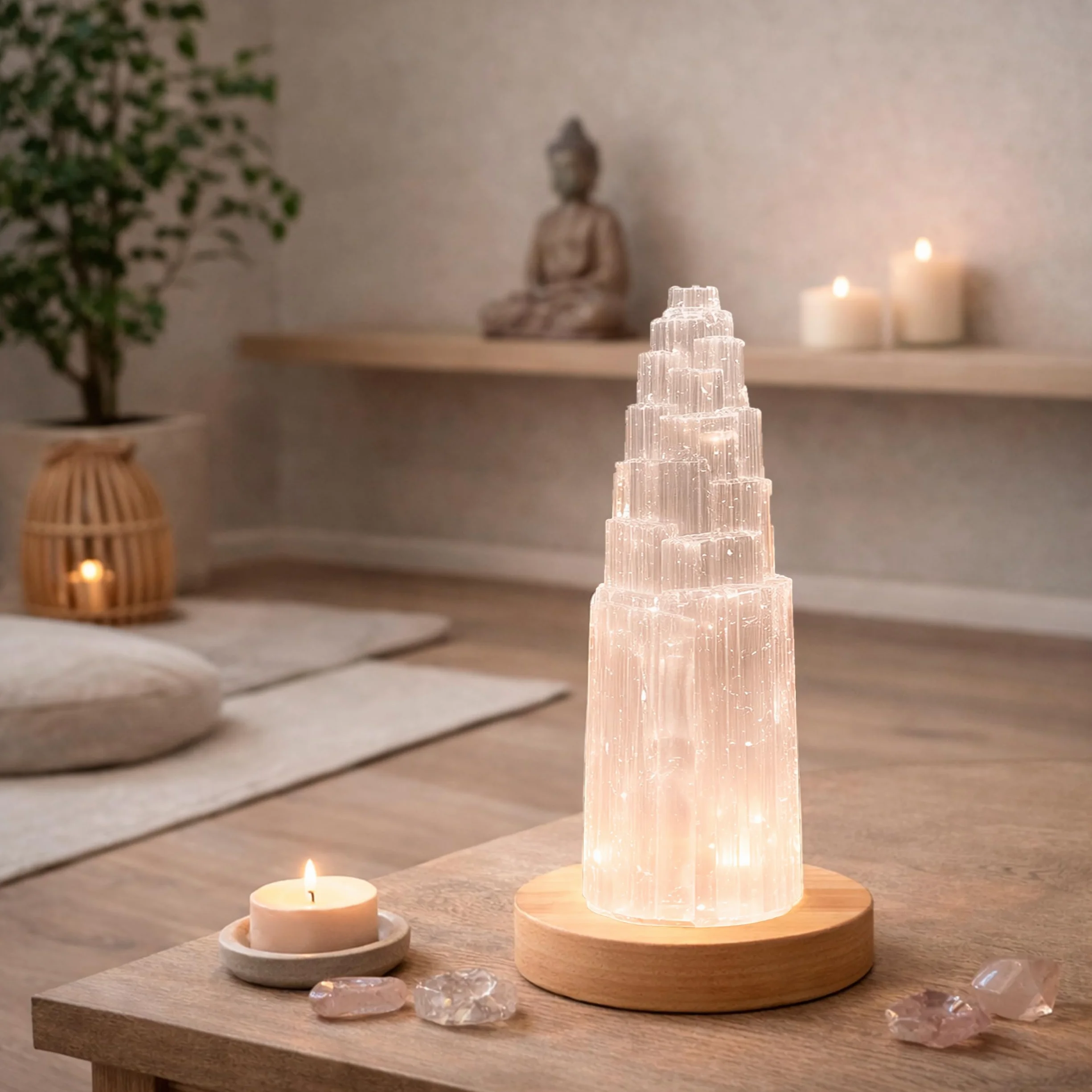 NKlaus Torre de Energía de Selenita 20 cm – Columna de piedra curativa hecha a mano para meditación, reiki y protección – Ideal para armonización de espacios y limpieza espiritual