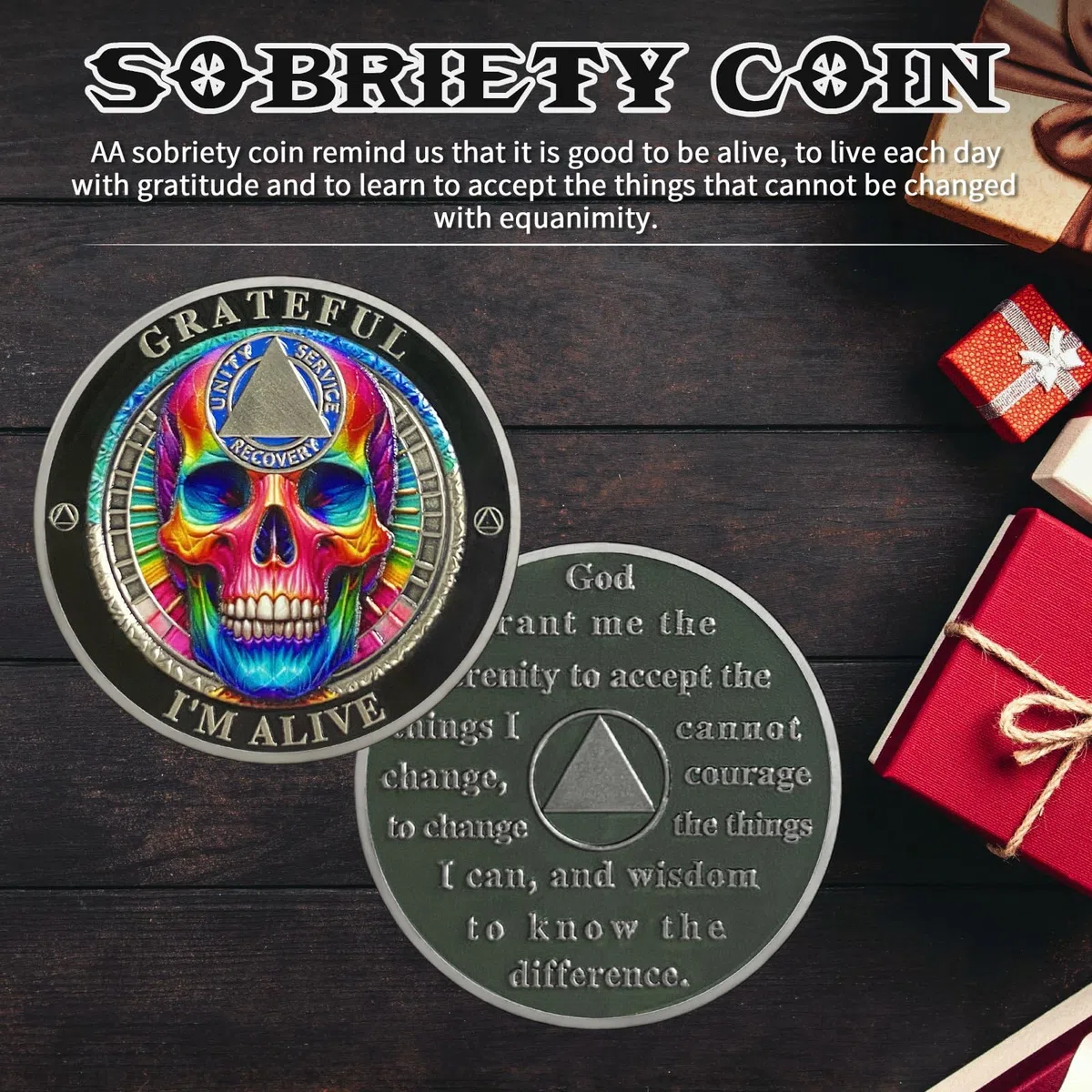 AtSKnSK Calavera colorida moneda sobriedad Grateful I'm Alive AA Moneda Recuperación AA HA NA Chips Medallones de sobriedad Token Regalos de Alcohólicos Anónimos para Hombres y Mujeres