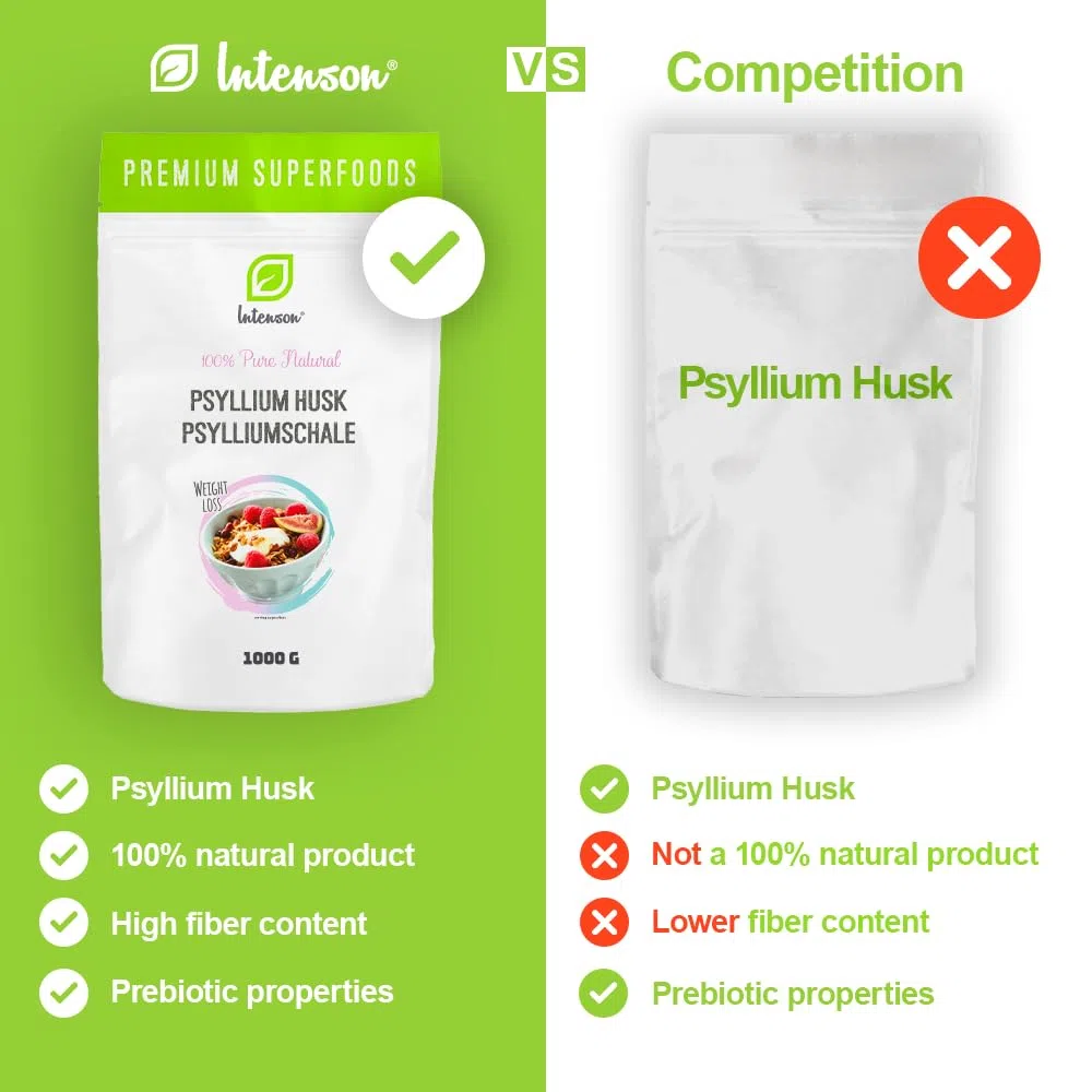 INTENSON Psyllium Husk 1 kg, Cáscara de Semilla de Psyllium Pura y Natural, Alta en Fibra, Ideal para Mezclar con Agua, Bebidas y Zumos, Apta para Vegetarianos y Veganos
