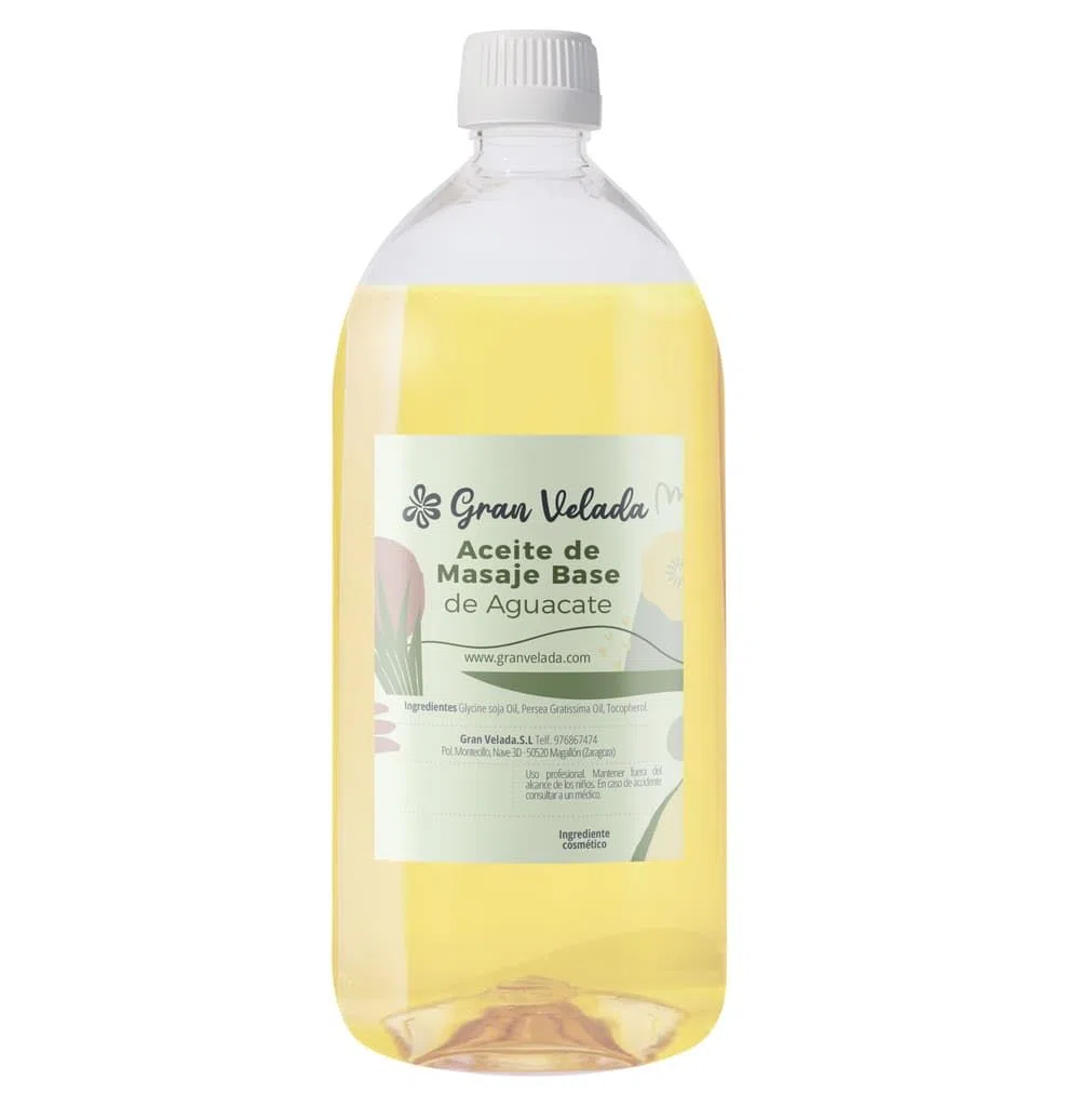 Gran Velada – Aceite de Masaje de Aguacate Base 1000 ml | Ingrediente Cosmético Natural con Aceite de Soja y Aguacate | Personalizable con Aceites Esenciales para Masajes DIY