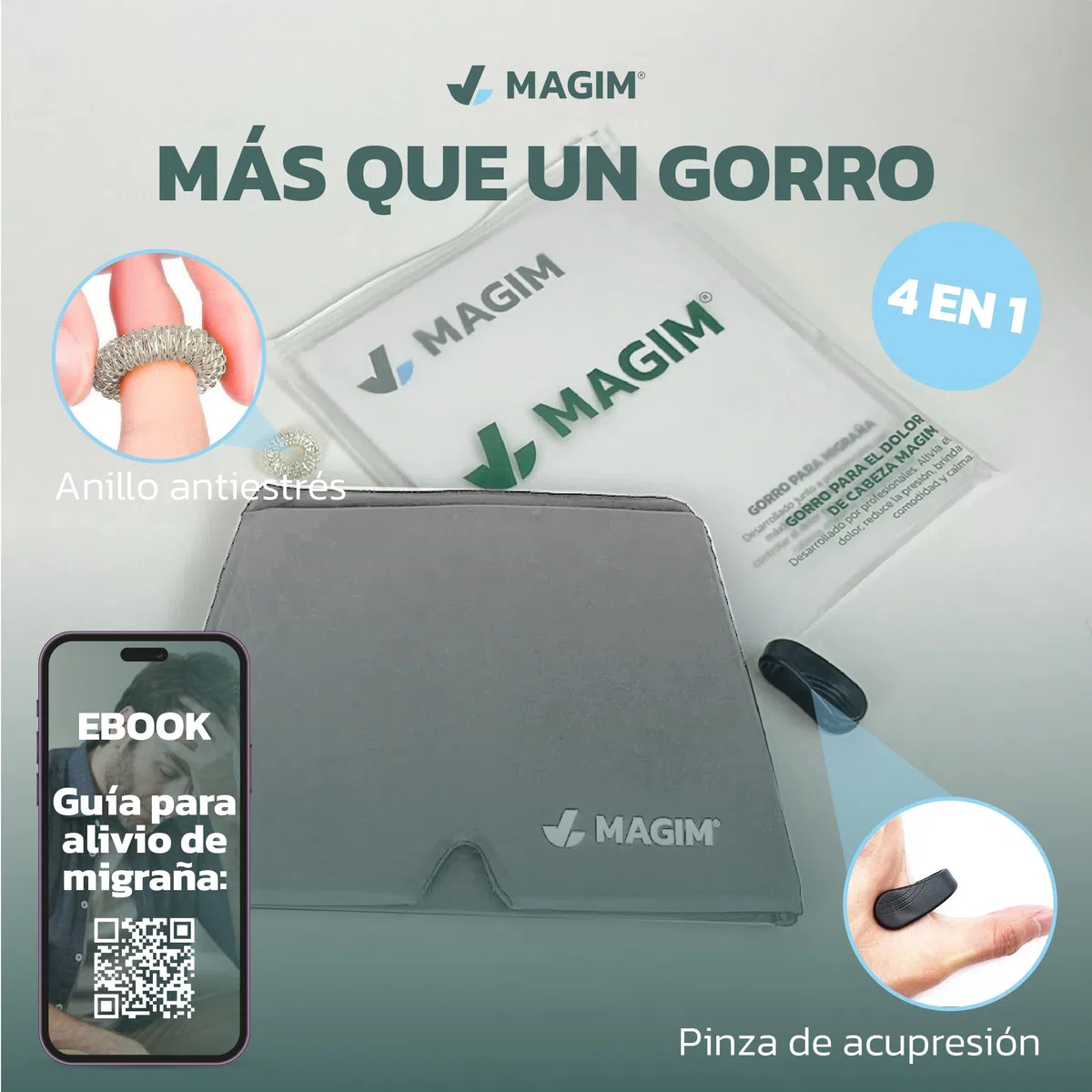Gorro Migraña | Gorro Terapéutico + Pinza Acupresión + Anillo Antiestrés + eBook “Guía Migrañas” | Alivio Dolor de Cabeza, Sinusitis, Estrés y Tensión de forma natural (GRIS)