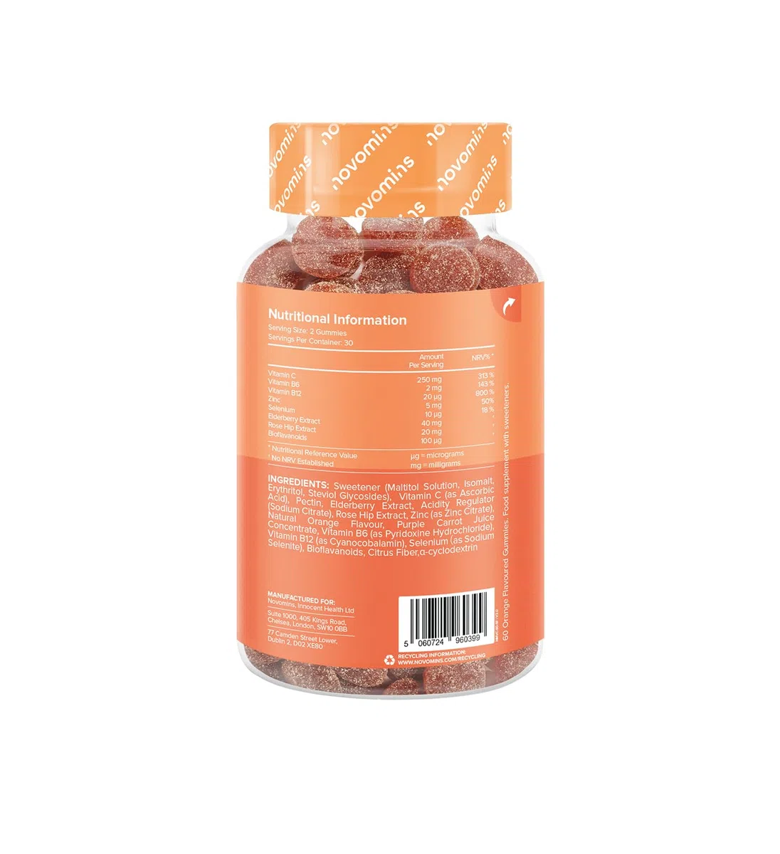 Gominolas de Vitamina C - Sin Azúcar - 250 mg de Vitamina C con Zinc, Vitaminas B6 y B12, Extracto de Naranja Amarga y Bioflavonoides - Vitaminas para el Cansancio - Vegano y Sin Gluten - Novomins