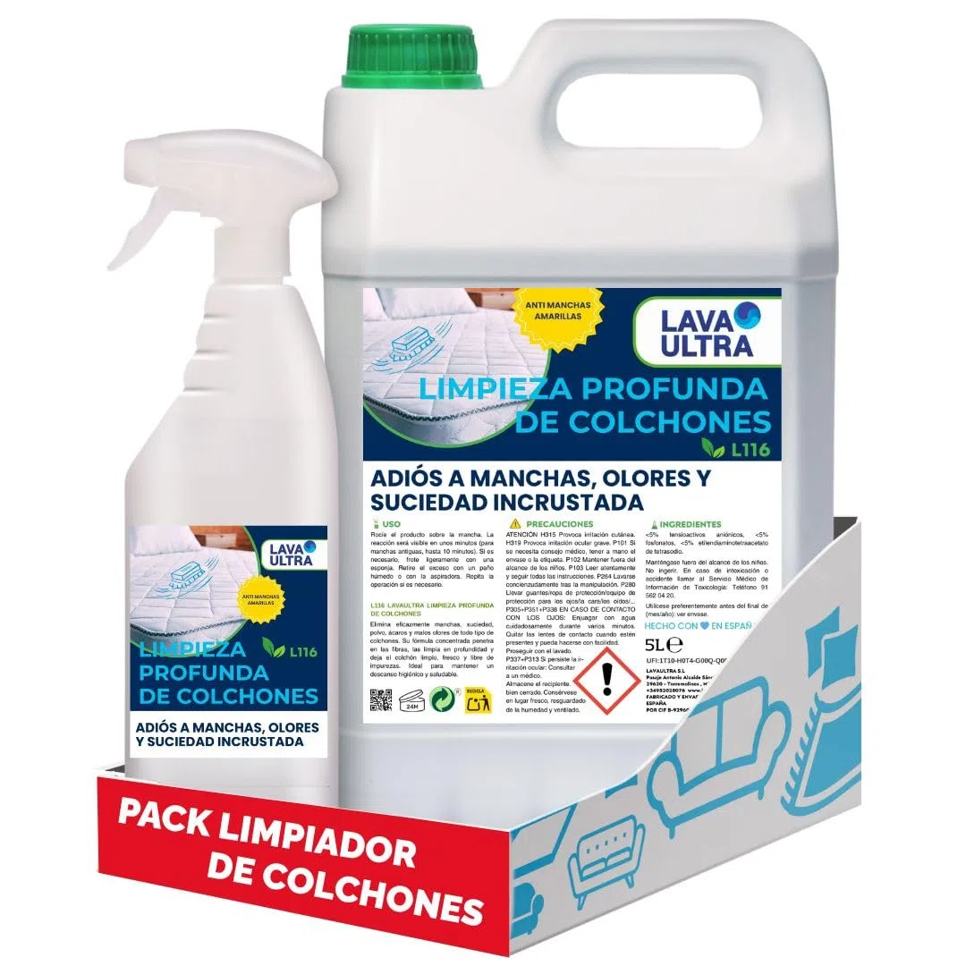 Limpiador para colchones LavaUltra L116 — potente limpiador para limpieza profunda 5 L + spray 750 mL | Elimina manchas amarillas, suciedad, restos de orina y olores de mascotas