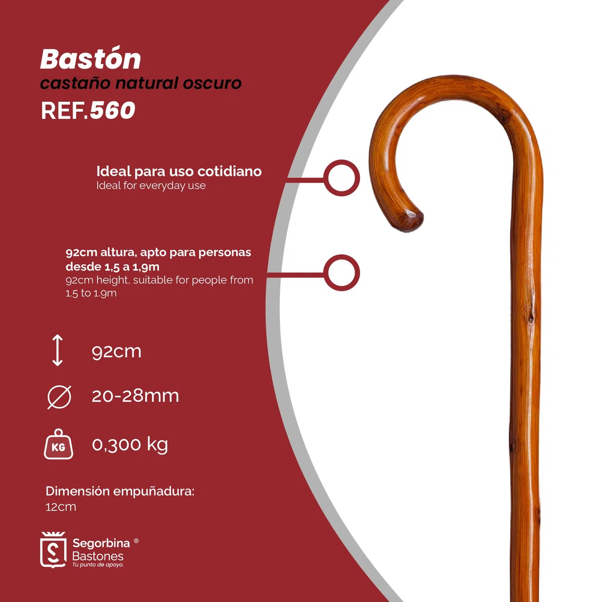 Bastón de Apoyo Caminar Madera Castaño 92cm con Mango Curvo y contera de Goma, Baton para Personas Mayores (560)